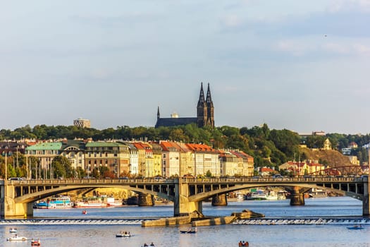 Jiraskuv bridge and view on Vysehrad fort, Prague.