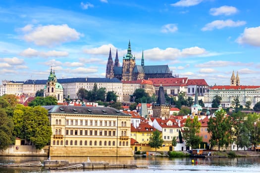 Lesser Town of Prague with Prague castle and other sights, view from the Vltava river.