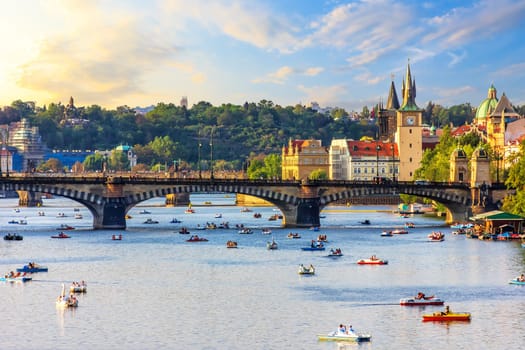 Boating in the centre of Prague near Old Town and Manes bridge.