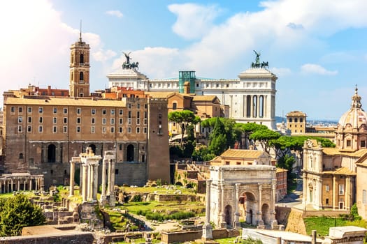 Roman Forum, view on the Tabularium, the Temple of Castor and Pollux, the Arch of Septimius Severus, the Temple of Saturn, the Temple of Vespasian and Titus and Basilica Aemilia