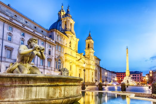 Piazza Navona and the Moor fountain, Rome, Italy, twilight view, no people