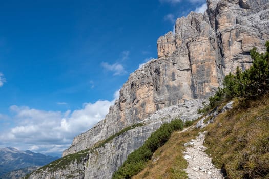 Hiking trail in the mountains. Mountain peaks Brenta Dolomites. Trentino, Italy
