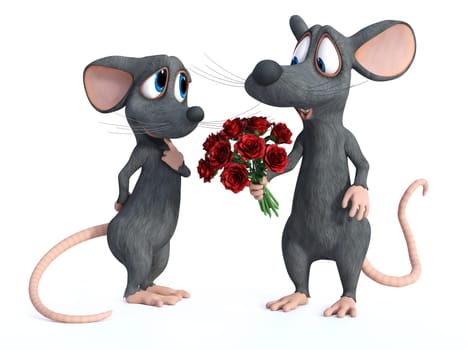 3D rendering of a smiling cartoon mouse holding a bouquet of red roses in his hand. He is ready to give it to his cute date who is looking shy. They are ready for a romantic valentine's date. White background.