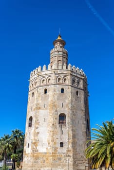 Vertical view of the Torre del Oro, or Tower of Gold, in Seville, Spain