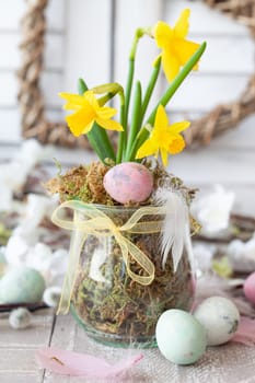Freah daffodils and colorful eggs for a happy easter