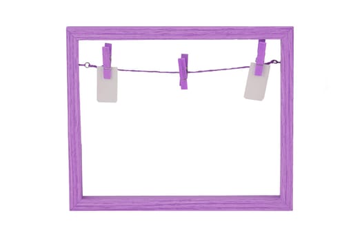 Empty wooden frame. Close-up of Empty violet wooden frame with a clothesline and clothespins on background of frame Isolated on white. Food recipe, valentine, mothers or others festivals. Macro.