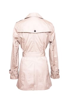 Woman coat isolated. A luxurious and stylish elegant female beige trenchcoat on mannequin isolated on a white background. Spring fashion 2019. Back view.