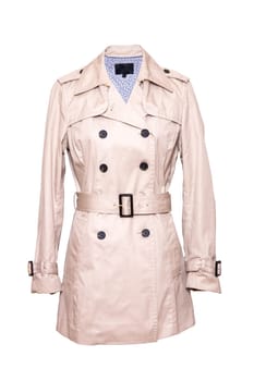 Woman coat isolated. A luxurious and stylish elegant female beige trenchcoat on mannequin isolated on a white background. Spring fashion 2019. Back view.