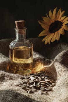 Sunflower oil extract in small bottle on wooden table, Generative AI, food