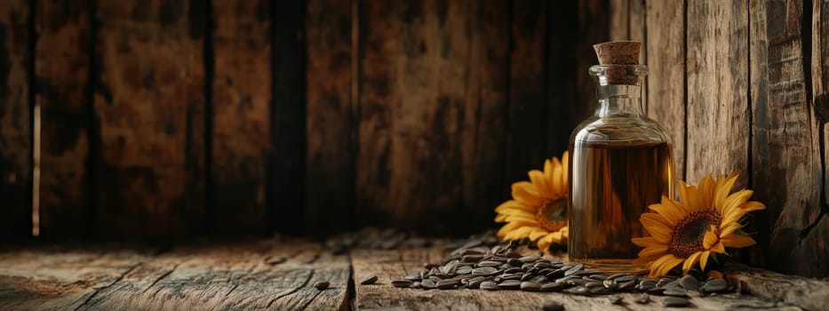 Sunflower oil extract in small bottle on wooden table, Generative AI, food