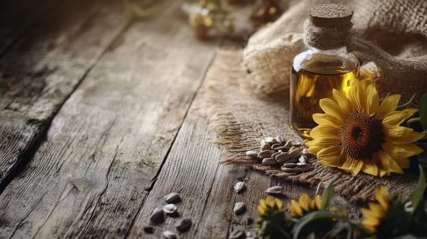 Sunflower oil extract in small bottle on wooden table, Generative AI, food