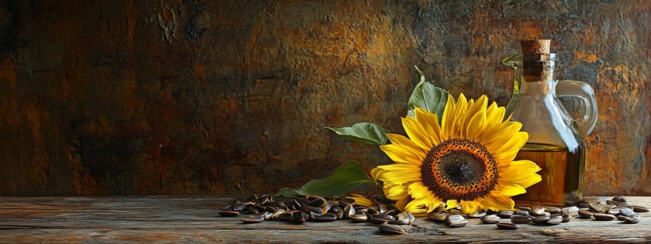 Sunflower oil extract in small bottle on wooden table, Generative AI, food