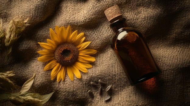 Sunflower oil extract in small bottle on wooden table, Generative AI, food