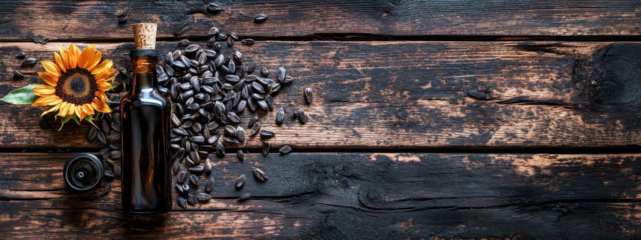 Sunflower oil extract in small bottle on wooden table, Generative AI, food