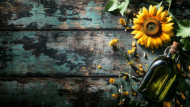 Sunflower oil extract in small bottle on wooden table, Generative AI, food