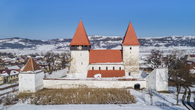 aerial view of Merghindeal fortified church. Transylvania, Romania