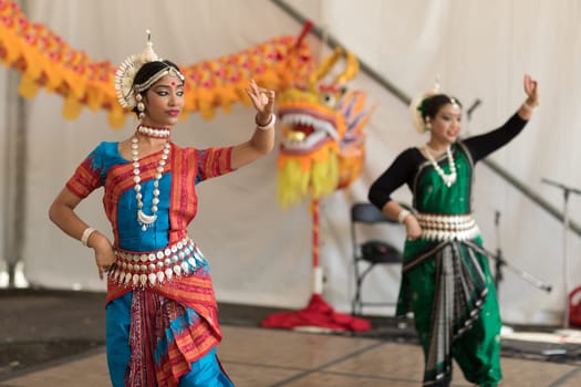 Columbus, Ohio, USA - May 27, 2018 The Kaustavi Movement dance group perform an  Indian classical dance at the Asian Festival.