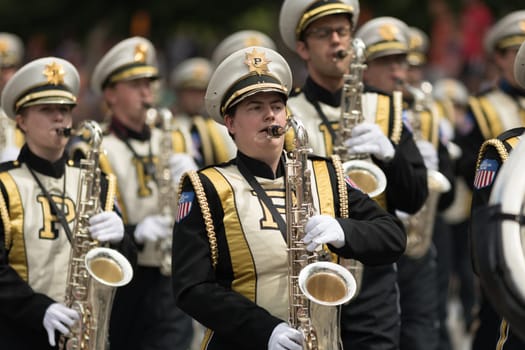 Indianapolis, Indiana, USA - May 26, 2018,  The Purdue University All American Marching Band performs at the Indy 500 Parade