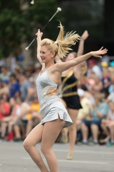 Indianapolis, Indiana, USA - May 26, 2018, Purdue University Cheerleaders perform at the Indy 500 Parade
