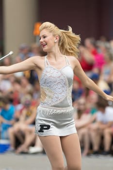 Indianapolis, Indiana, USA - May 26, 2018, Purdue University Cheerleaders perform at the Indy 500 Parade