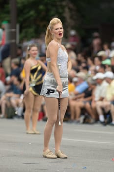 Indianapolis, Indiana, USA - May 26, 2018, Purdue University Cheerleaders perform at the Indy 500 Parade