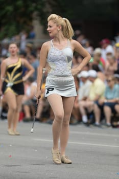 Indianapolis, Indiana, USA - May 26, 2018, Purdue University Cheerleaders perform at the Indy 500 Parade