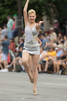 Indianapolis, Indiana, USA - May 26, 2018, Purdue University Cheerleaders perform at the Indy 500 Parade