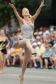 Indianapolis, Indiana, USA - May 26, 2018, Purdue University Cheerleaders perform at the Indy 500 Parade