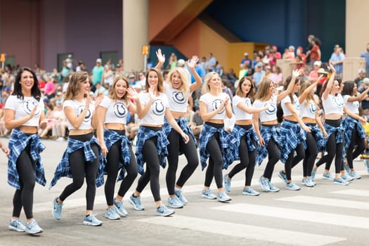 Indianapolis, Indiana, USA - May 26, 2018,  The Colts Cheerleaders walk down the street at  the Indy 500 Parade