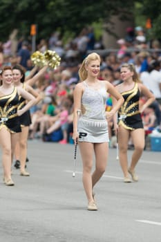 Indianapolis, Indiana, USA - May 26, 2018, Purdue University Cheerleaders perform at the Indy 500 Parade