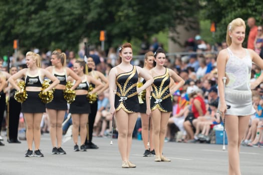 Indianapolis, Indiana, USA - May 26, 2018, Purdue University Cheerleaders perform at the Indy 500 Parade