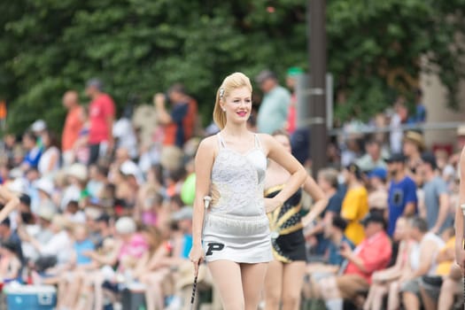 Indianapolis, Indiana, USA - May 26, 2018, Purdue University Cheerleaders perform at the Indy 500 Parade