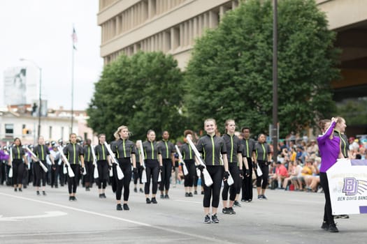 Indianapolis, Indiana, USA - May 26, 2018,  Members of the Ben Davis High School Band perform at the Indy 500 Parade