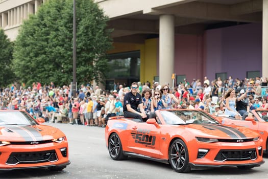 Indianapolis, Indiana, USA - May 26, 2018, Stefan Wilson Indycar driver smiles at the Indy 500 Parade