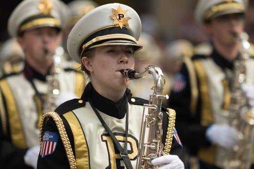 Indianapolis, Indiana, USA - May 26, 2018,  The Purdue University All American Marching Band performs at the Indy 500 Parade