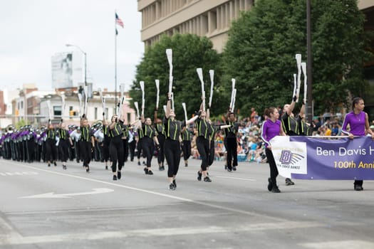 Indianapolis, Indiana, USA - May 26, 2018,  Members of the Ben Davis High School Band perform at the Indy 500 Parade