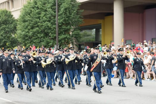 Indianapolis, Indiana, USA - May 26, 2018, The Indiana National Guard 38th Division marching band performs at the Indy 500 Parade