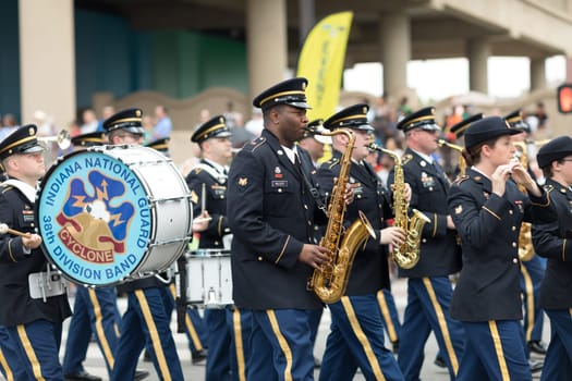 Indianapolis, Indiana, USA - May 26, 2018, The Indiana National Guard 38th Division marching band performs at the Indy 500 Parade