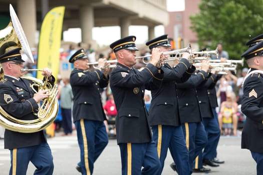 Indianapolis, Indiana, USA - May 26, 2018, The Indiana National Guard 38th Division marching band performs at the Indy 500 Parade