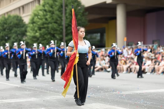 Indianapolis, Indiana, USA - May 26, 2018, The Jay County High School Marching Patriots perform at the Indy 500 Parade