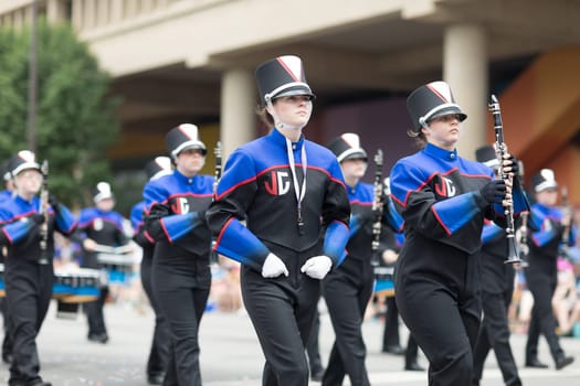 Indianapolis, Indiana, USA - May 26, 2018, The Jay County High School Marching Patriots perform at the Indy 500 Parade