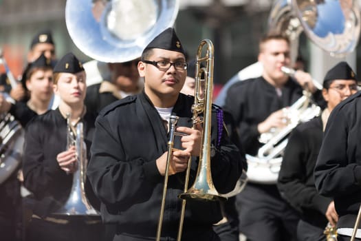 Chicago, Illinois, USA - April 29, 2018  Marching band playing during the Greek Independence  Day Parade