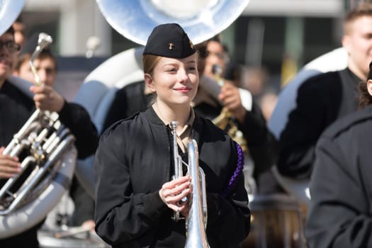 Chicago, Illinois, USA - April 29, 2018  Marching band playing during the Greek Independence  Day Parade