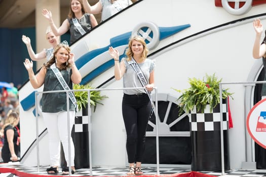 Indianapolis, Indiana, USA - May 26, 2018,  The Float carrying the indy 500 princesses at the Indy 500 Parade