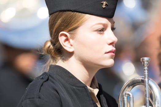 Chicago, Illinois, USA - April 29, 2018  Marching band playing during the Greek Independence  Day Parade