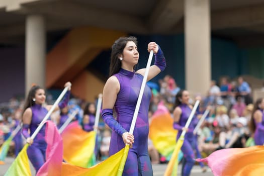 Indianapolis, Indiana, USA - May 26, 2018, Members of the Concord High School Marching Minutemen from Elkhart, Indiana perform at the Indy 500 Parade
