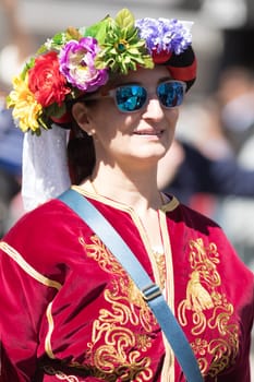 Chicago, Illinois, USA - April 29, 2018 Greek Woman wearing traditional clothing during the Greek Independence  Day Parade