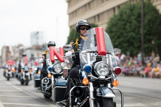 Indianapolis, Indiana, USA - May 26, 2018, The Indianapolis Metropolitan Police Motorcycle Drill Team performs at Indy 500 Parade