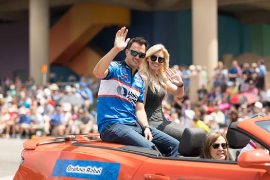 Indianapolis, Indiana, USA - May 26, 2018, Graham Rahal Indycar race car driver waves at the camera at the Indy 500 Parade