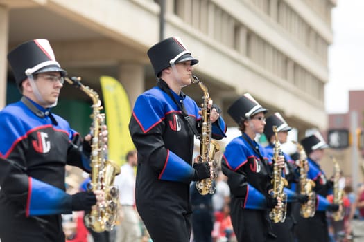 Indianapolis, Indiana, USA - May 26, 2018, The Jay County High School Marching Patriots perform at the Indy 500 Parade